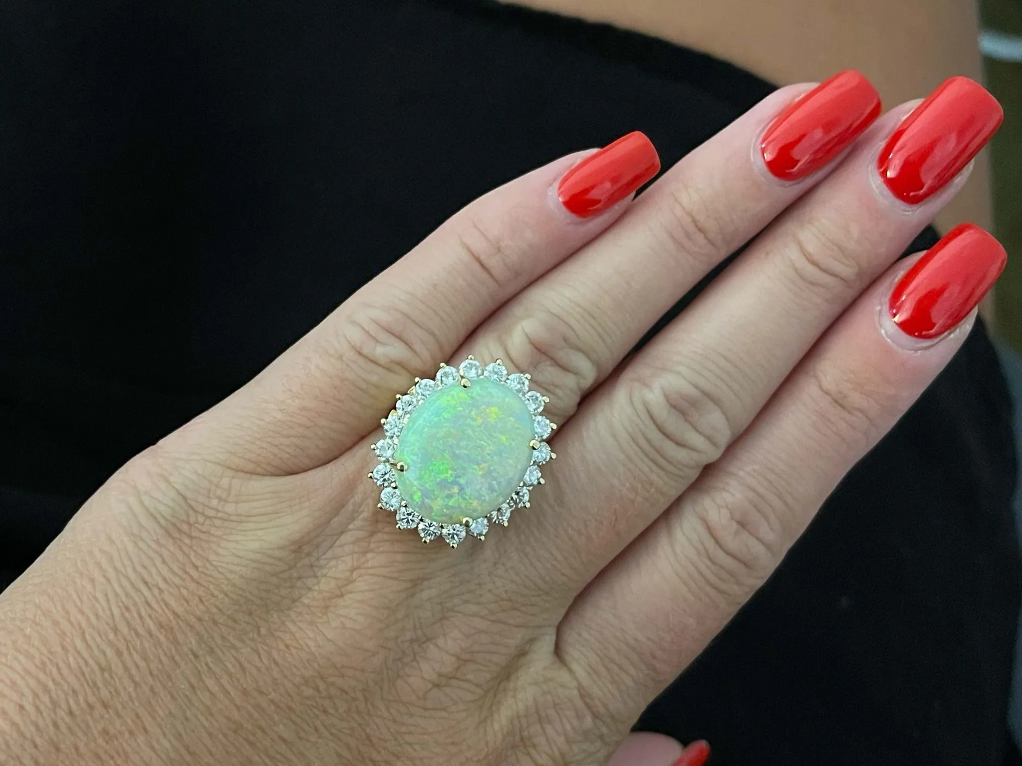 10 Carat Opal and 2 Carat Diamond Halo Ring 14k Yellow Gold
