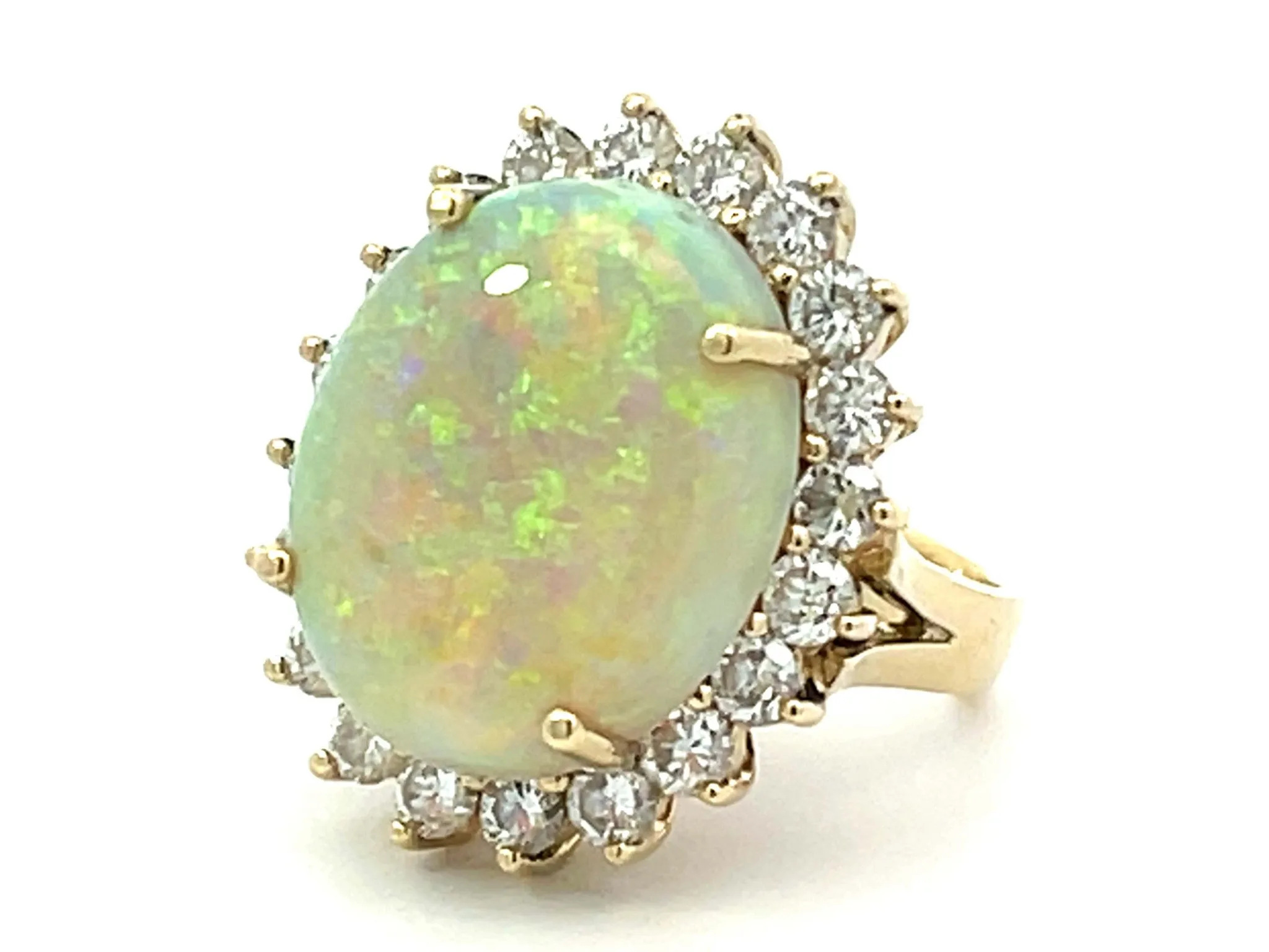 10 Carat Opal and 2 Carat Diamond Halo Ring 14k Yellow Gold
