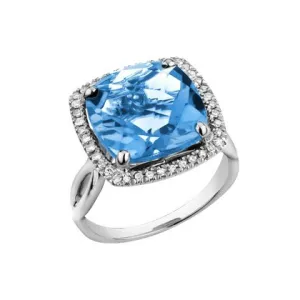 10K White Gold (12mm) Cushion Checkered Cut Blue Topaz and Diamond Halo Ring