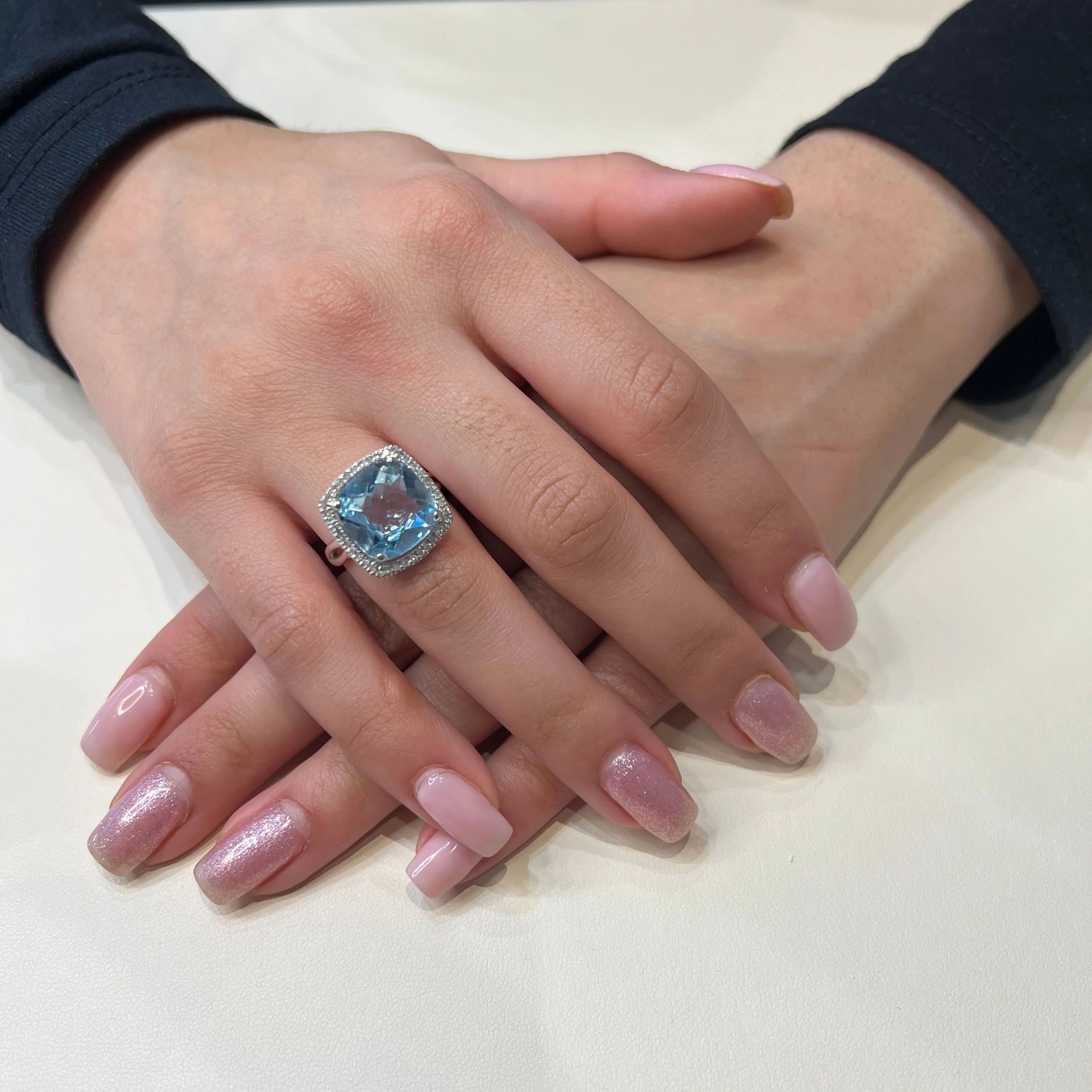 10K White Gold (12mm) Cushion Checkered Cut Blue Topaz and Diamond Halo Ring