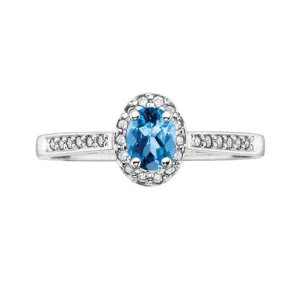 10K White Gold (December) Birthstone Blue Topaz and Diamond Halo Ring