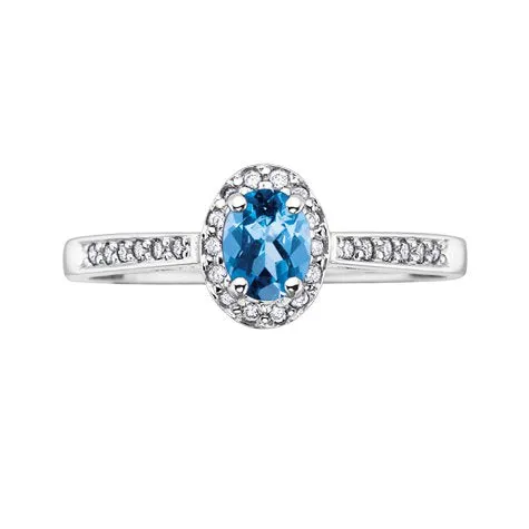 10K White Gold (December) Birthstone Blue Topaz and Diamond Halo Ring