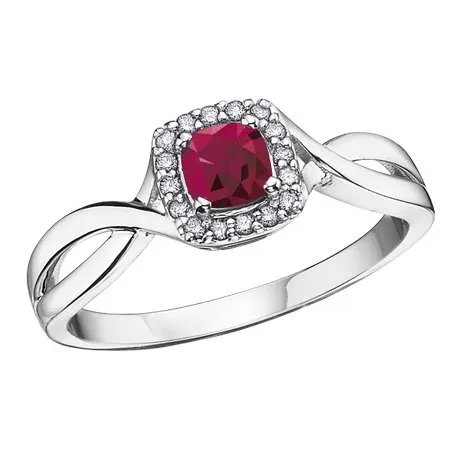 10K White Gold (July) Birthstone Ruby and Diamond Halo Ring