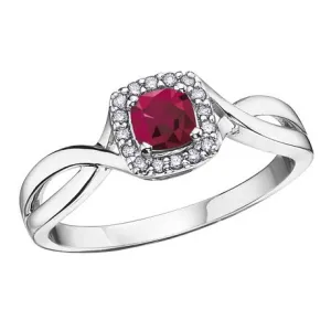 10K White Gold (July) Birthstone Ruby and Diamond Halo Ring