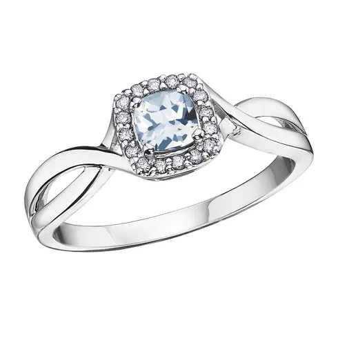 10K White Gold (March) Birthstone Aquamarine and Diamond Ring