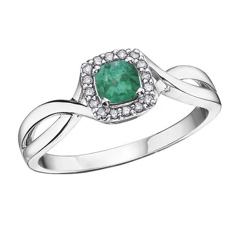 10K White Gold (May) Birthstone Emerald and Diamond Halo Ring