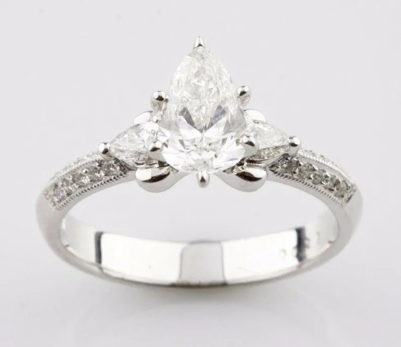 1.36 carat Pear Shape Diamond 18k White Gold Engagement Unity Ring Size 6