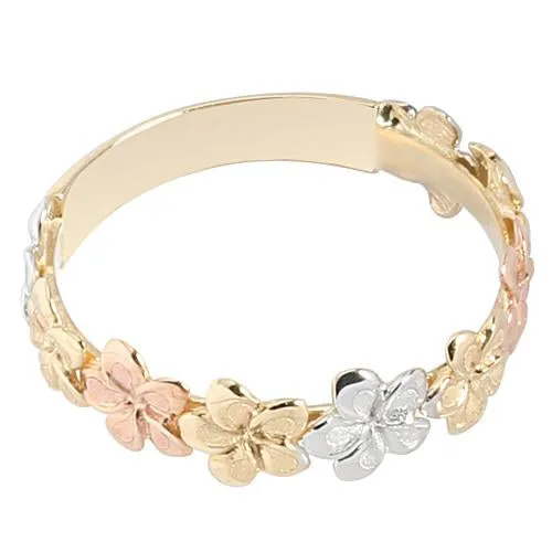 14K Tri-Color Gold Plumeria Lei Ring Sandblast Polish Edge 5mm