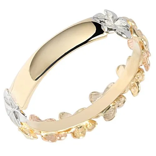 14K Tri-Color Gold Plumeria Lei Ring Sandblast Polish Edge 5mm