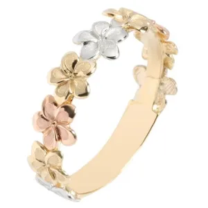 14K Tri-Color Gold Plumeria Lei Ring Sandblast Polish Edge 5mm