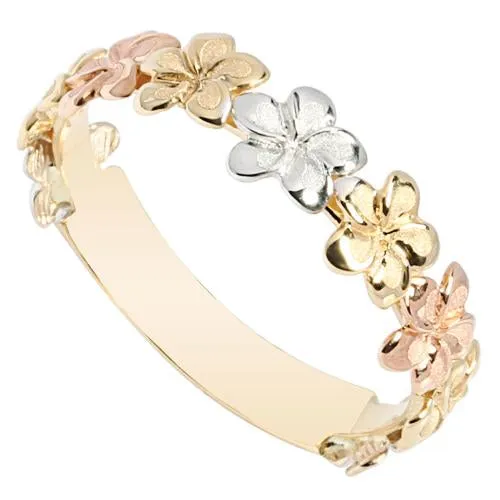 14K Tri-Color Gold Plumeria Lei Ring Sandblast Polish Edge 5mm