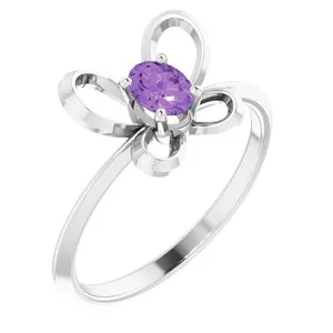 14K White 4x3 mm Oval February Youth Butterfly Birthstone Ring