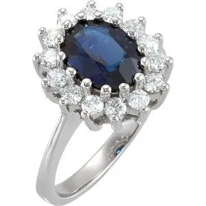 14K White 9 x 7 mm Oval Blue Sapphire & 1/2 CTW Diamond Halo-Style Ring