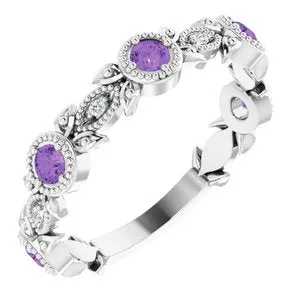 14K White Amethyst & .03 CTW Diamond Leaf Ring