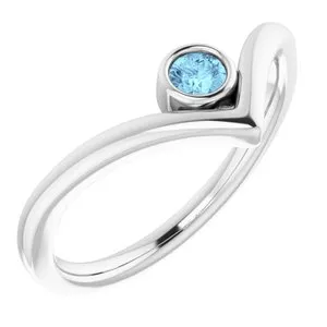 14K White Aquamarine Solitaire Bezel-Set "V" Ring