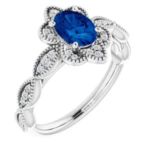 14K White Chatham® Created Blue Sapphire & 1/8 CTW Diamond Ring