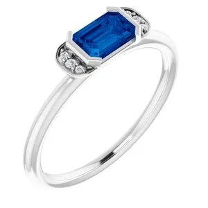 14K White Chatham® Lab-Created Blue Sapphire & .02 CTW Diamond Ring