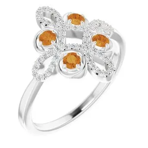 14K White Citrine & 1/6 CTW Diamond Clover Ring