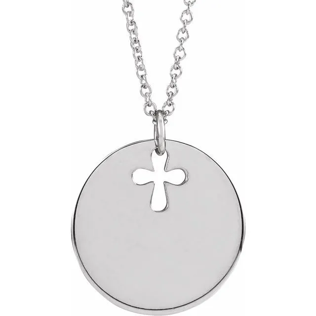 14K White Gold Pierced Cross Disc 16-18" Necklace