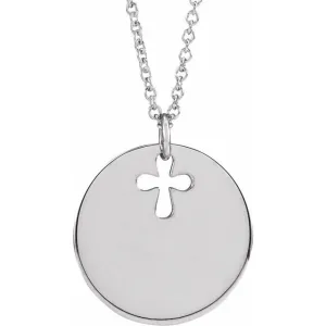 14K White Gold Pierced Cross Disc 16-18" Necklace
