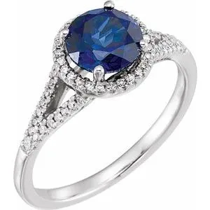 14K White Lab-Created Blue Sapphire & 1/6 CTW Diamond Ring