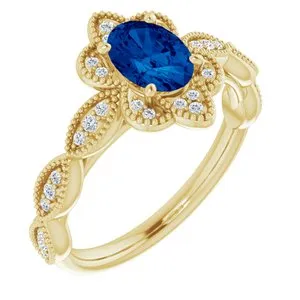 14K Yellow Chatham® Created Blue Sapphire & 1/8 CTW Diamond Ring