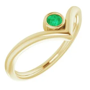 14K Yellow Chatham® Created Emerald Solitaire Bezel-Set "V" Ring