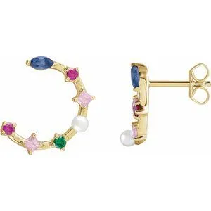 14K Yellow Cultured Freshwater Pearl & Natural Multi-Gemstone Earrings
