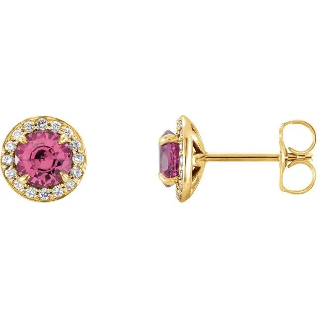 14K Yellow Gold 4.5 mm Natural Pink Tourmaline & 1/6 CTW Natural Diamond Earrings