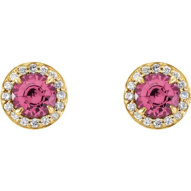 14K Yellow Gold 4.5 mm Natural Pink Tourmaline & 1/6 CTW Natural Diamond Earrings