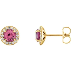 14K Yellow Gold 4.5 mm Natural Pink Tourmaline & 1/6 CTW Natural Diamond Earrings
