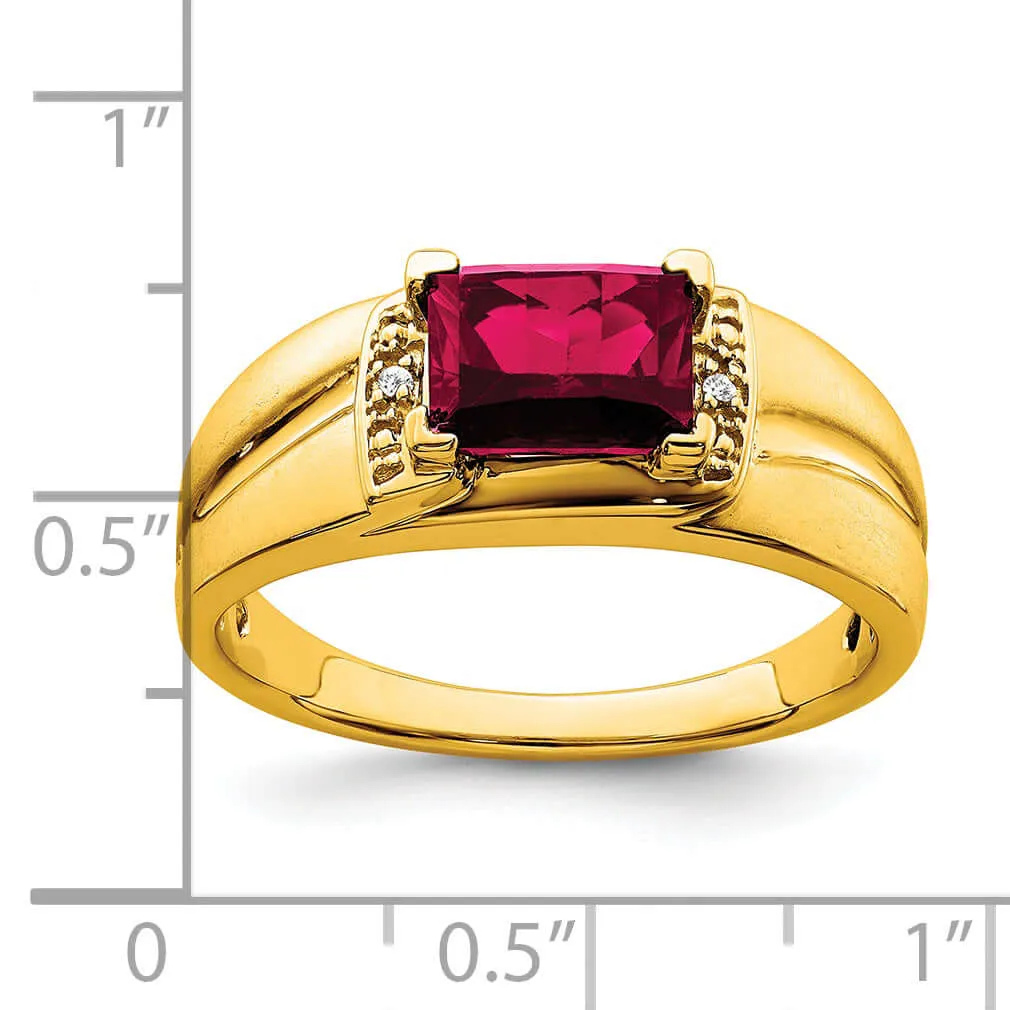 14k Yellow Gold Emerald Cut Created Ruby, Diamond Men's Ring.