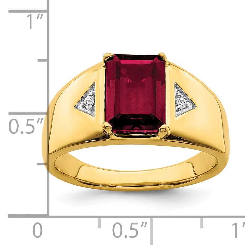 14k Yellow Gold Emerald Cut Created Ruby, Diamond Men's Ring.