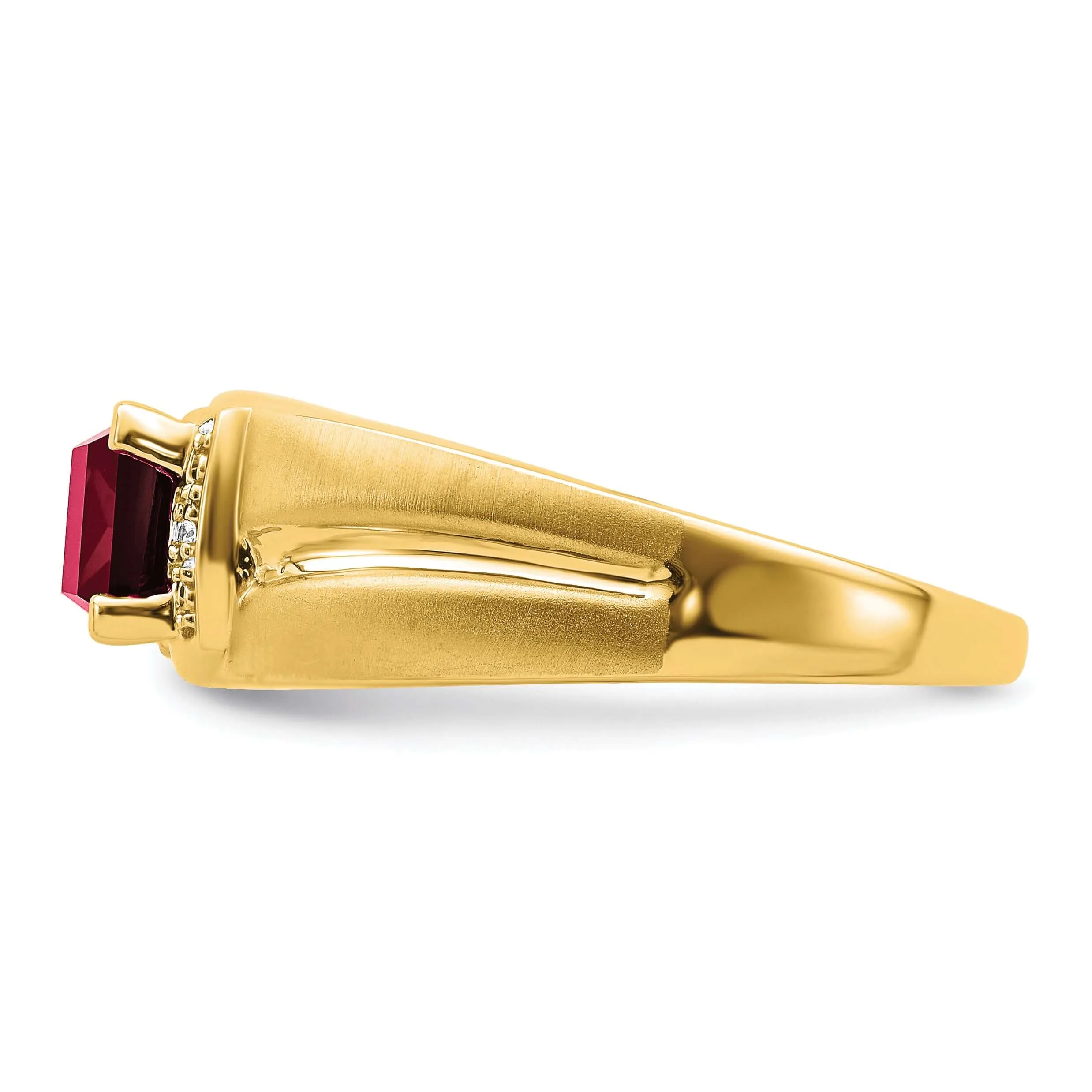 14k Yellow Gold Emerald Cut Created Ruby, Diamond Men's Ring.