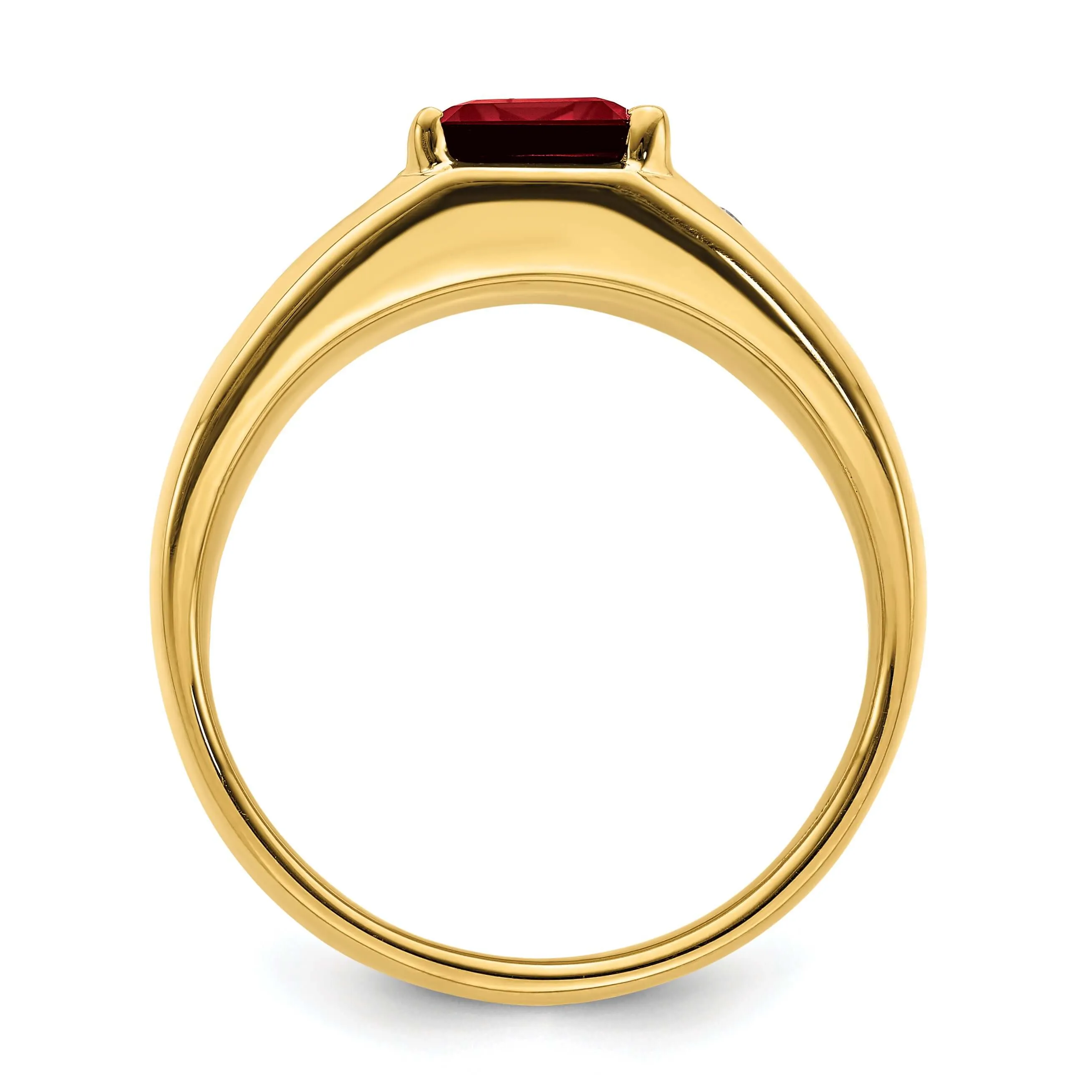 14k Yellow Gold Emerald Cut Created Ruby, Diamond Men's Ring.