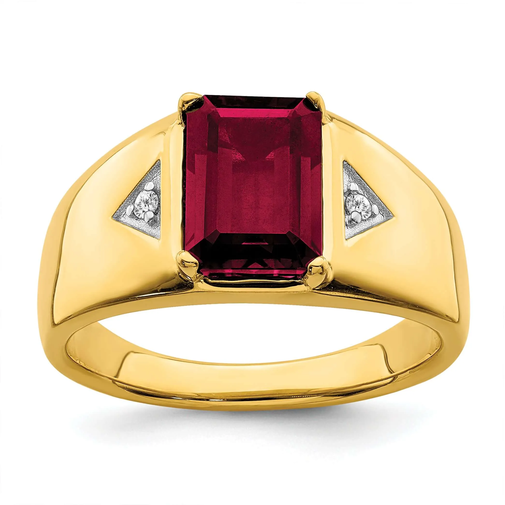 14k Yellow Gold Emerald Cut Created Ruby, Diamond Men's Ring.