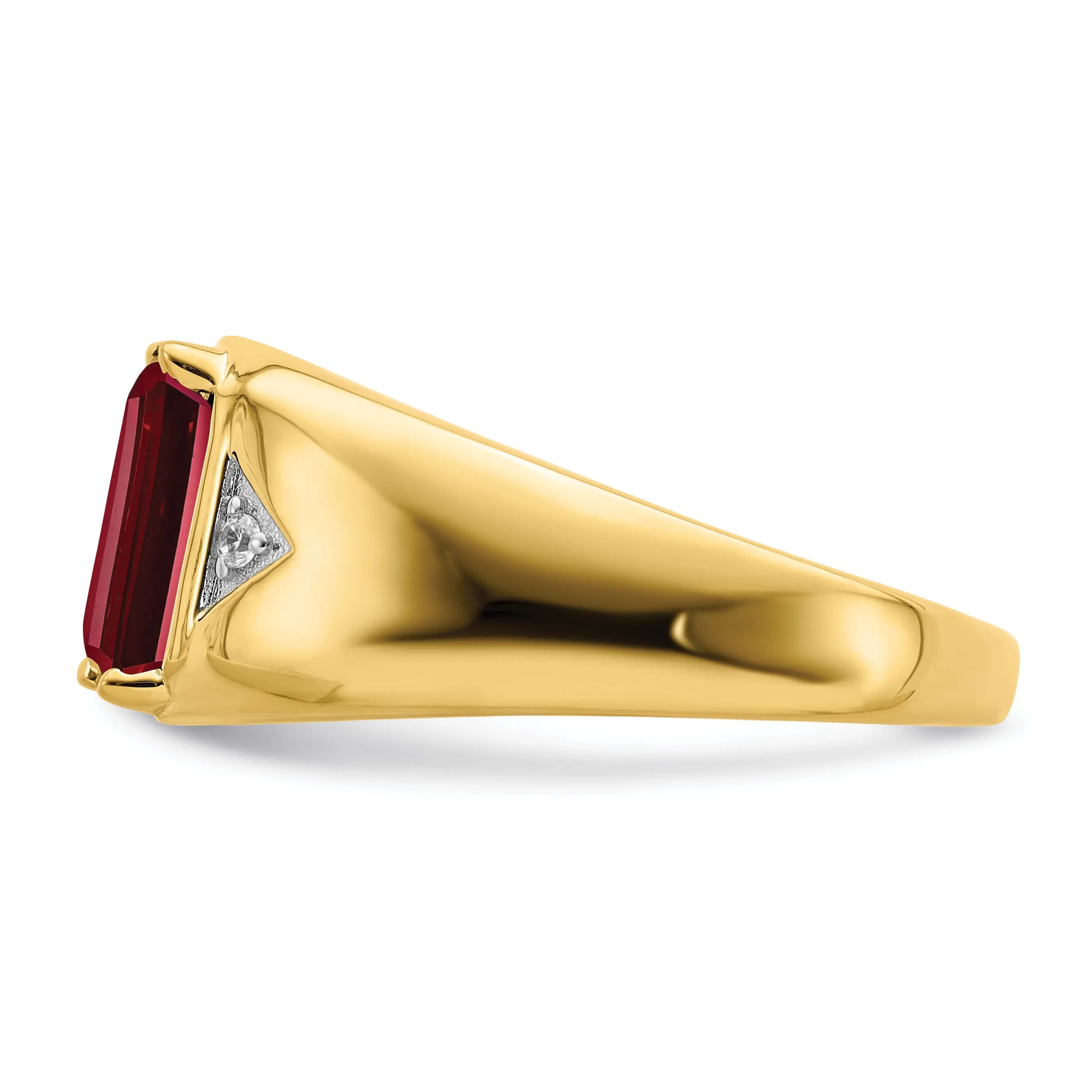 14k Yellow Gold Emerald Cut Created Ruby, Diamond Men's Ring.
