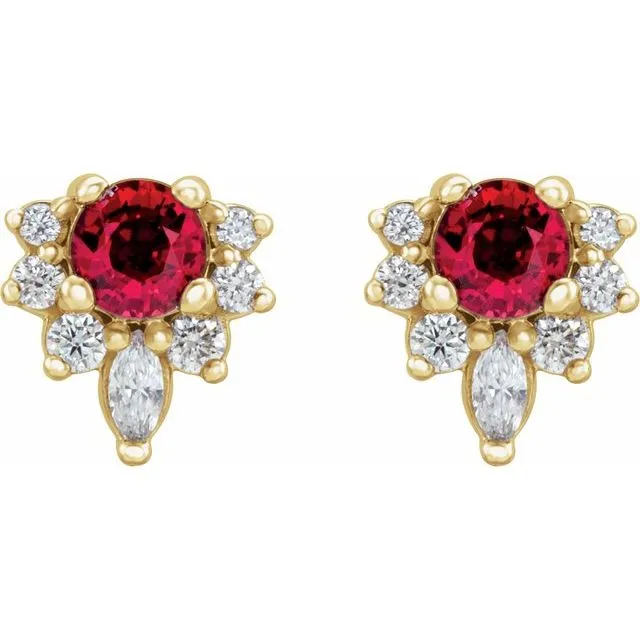 14K Yellow Gold Lab-Grown Ruby & 1/6 CTW Natural Diamond Earrings