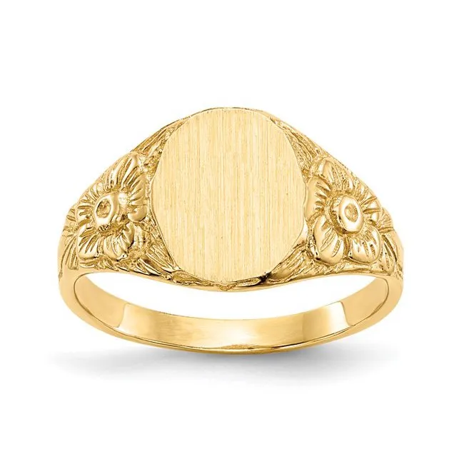 14K Yellow Gold Oval Floral Carved Signet Ring