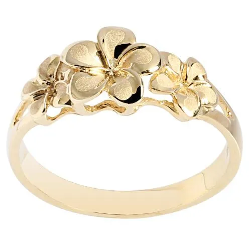 14K Yellow Gold Triple Plumeria Ring Sandblast Polish Edge (S)