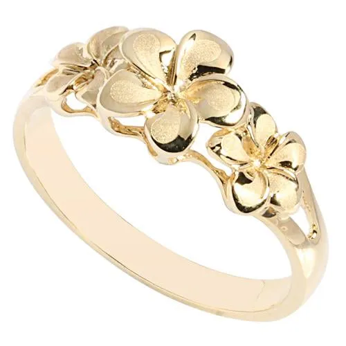 14K Yellow Gold Triple Plumeria Ring Sandblast Polish Edge (S)