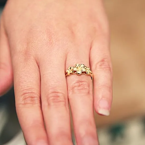 14K Yellow Gold Triple Plumeria Ring Sandblast Polish Edge (S)