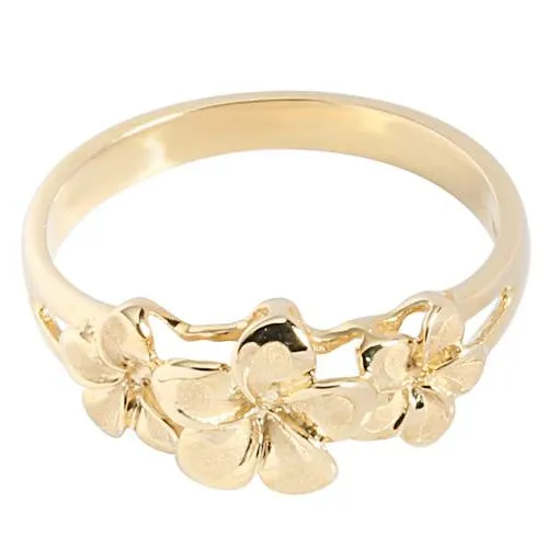 14K Yellow Gold Triple Plumeria Ring Sandblast Polish Edge (S)
