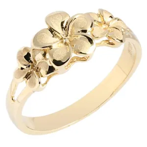 14K Yellow Gold Triple Plumeria Ring Sandblast Polish Edge (S)