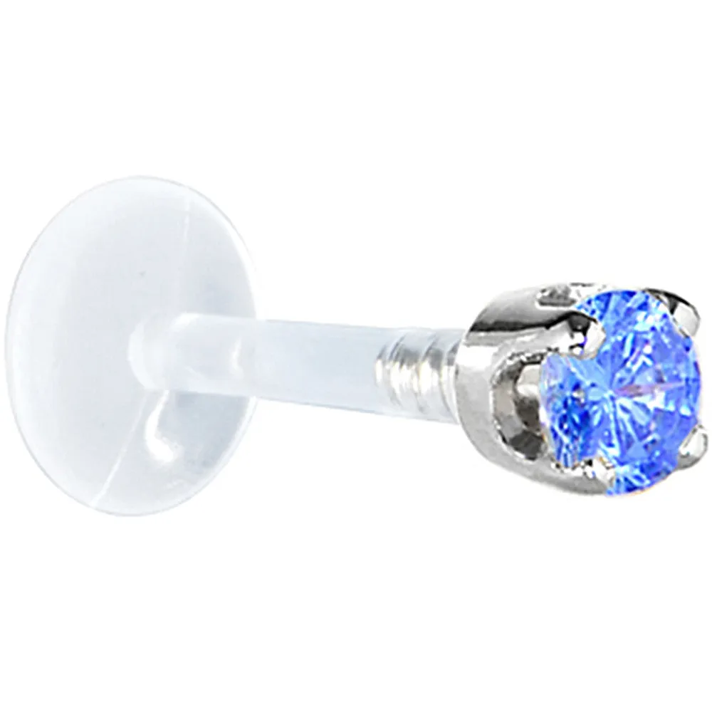 16 Gauge 1/4 Solid 14KT White Gold 3mm Arctic Blue Cubic Zirconia Bioplast Tragus Earring Stud