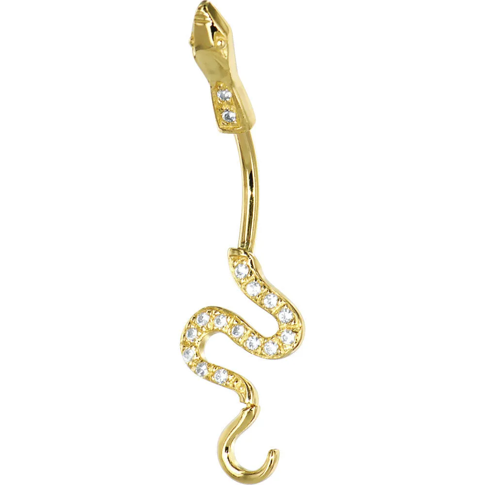 16 Gauge Solid 14kt Yellow Gold Cubic Zirconia Sexy Snake Belly Ring