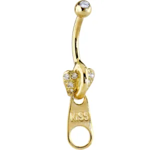 16 Gauge Solid 14KT Yellow GOLD CZ Paved KISS ZIPPER Belly Ring