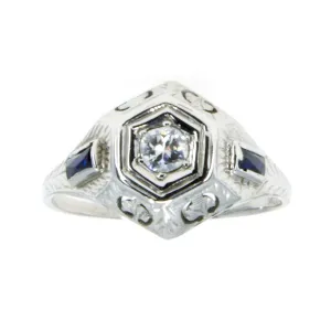 18K Art Deco Diamond & Sapphire Engagement Ring