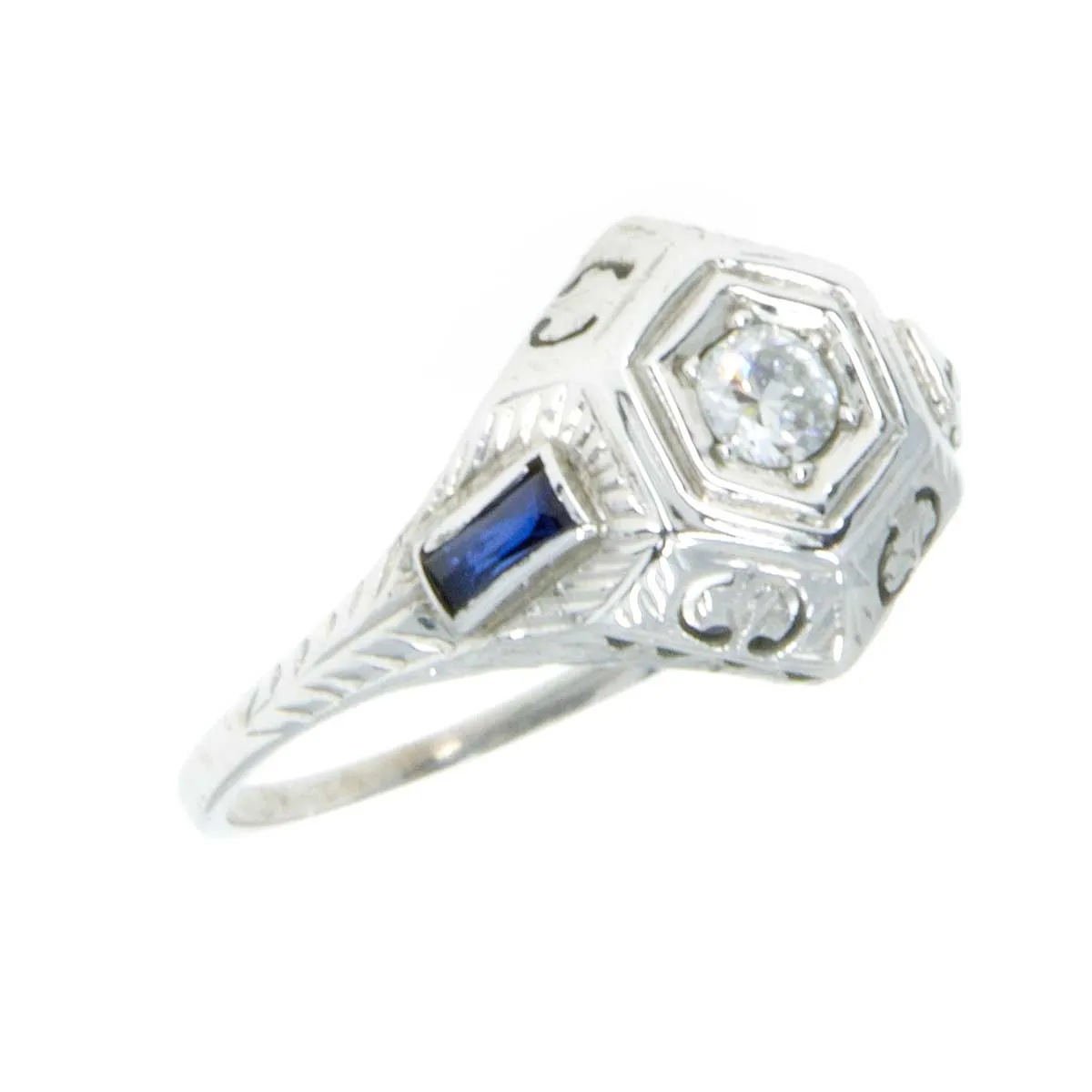 18K Art Deco Diamond & Sapphire Engagement Ring
