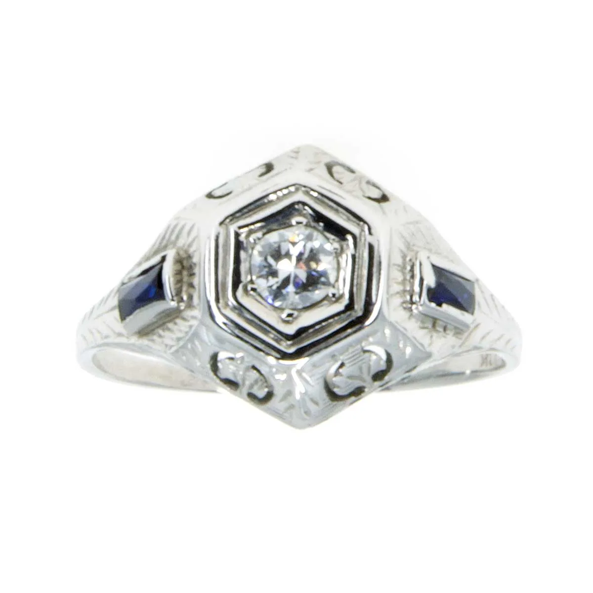 18K Art Deco Diamond & Sapphire Engagement Ring